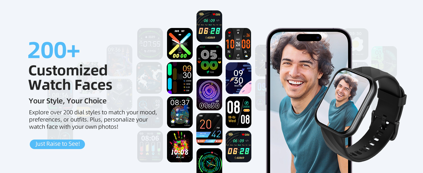 Smartwatch advertisement highlighting 200+ customized watch faces. Displays various digital watch face designs and a person wearing the watch.