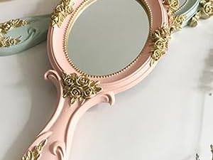 hand mirror handheld vintage handle metal vanity antique makeup oval pink