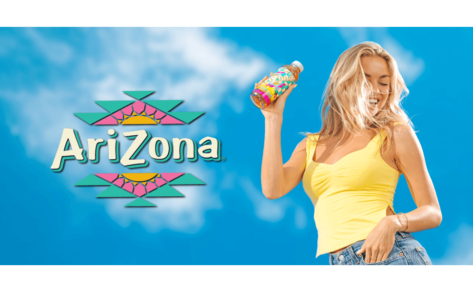 Blue cloudy sky with AriZona Logo and a model holding a Shortboy bottle