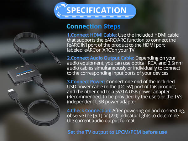 CAMWAY eARC/ARC Audio Extractor - eARC/ARC to Optical RCA 3.5mm Adapter