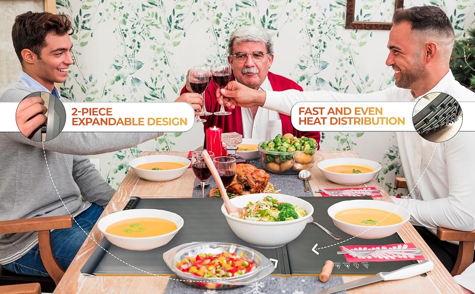 family dinner setup using expandable electric warming mat buffet countertop food warming