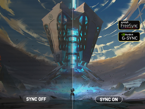 Split-screen comparison of a futuristic cityscape. Left side labeled 'SYNC OFF' is dimmer, right side 'SYNC ON' shows brighter, more vivid colors.