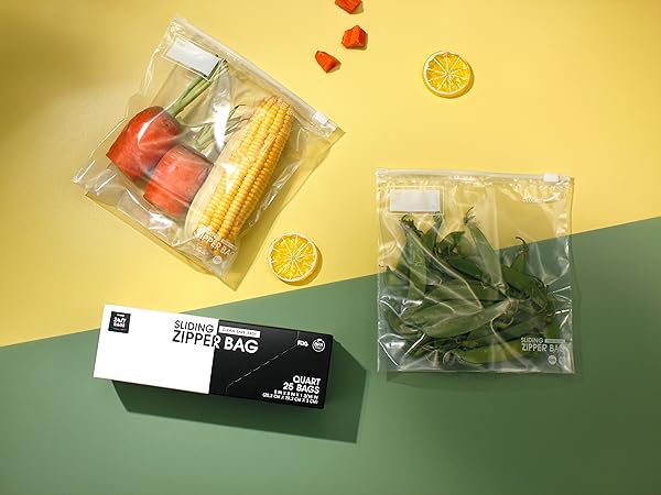 Slider Box show with slider bags containing items inside. Food is the main storage for these bags