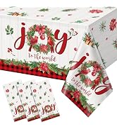3Pcs Christmas Plastic Tablecloths, Disposable Rectangle Holly Garland Table Covers Joy to The Wo...