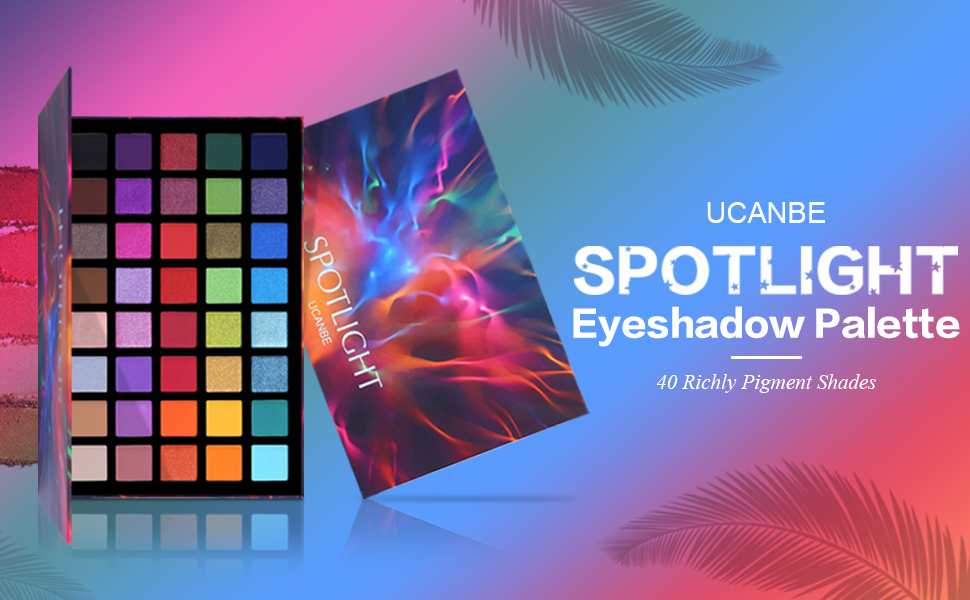 Ucanbe Spotlight Eyeshadow Palette featuring 40 vibrant shades in a square compact, displayed with colorful packaging.