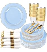 Liacere 175PCS Bule Plastic Plates - Disposable Ligh Bule and Gold Plates - Baroque Plastic Dinne...
