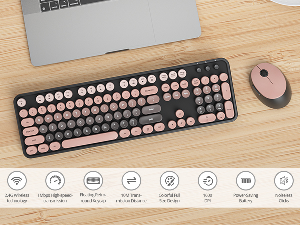 pink typewriter keyboard and mouse wireless cute colorful retro typewriter full size keyboard