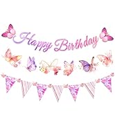 AOBKIAT Happy Birthday Banner,Pink Purple Butterfly Garland with Gold Glitter Edge,Pennant Banner...