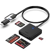 USB card reader device with multiple memory card slots, showing SD and micro SD cards, connected via USB cable with blue indicator light.