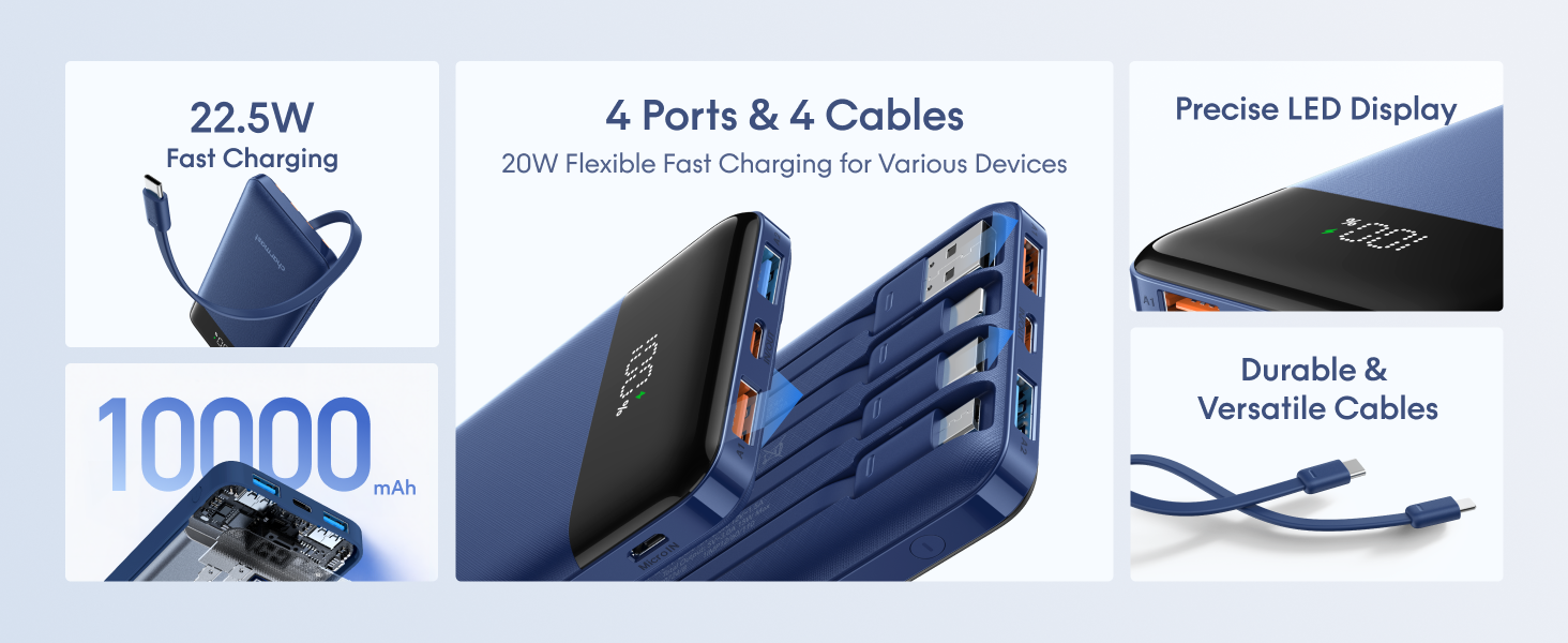 6 outputs 4 input 20W PD 22.5W fast charging with huge led display cable reinforced