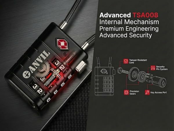ANVIL TSA008 approved 4-digit cable luggage lock with precision gears and tamper-resistant core.