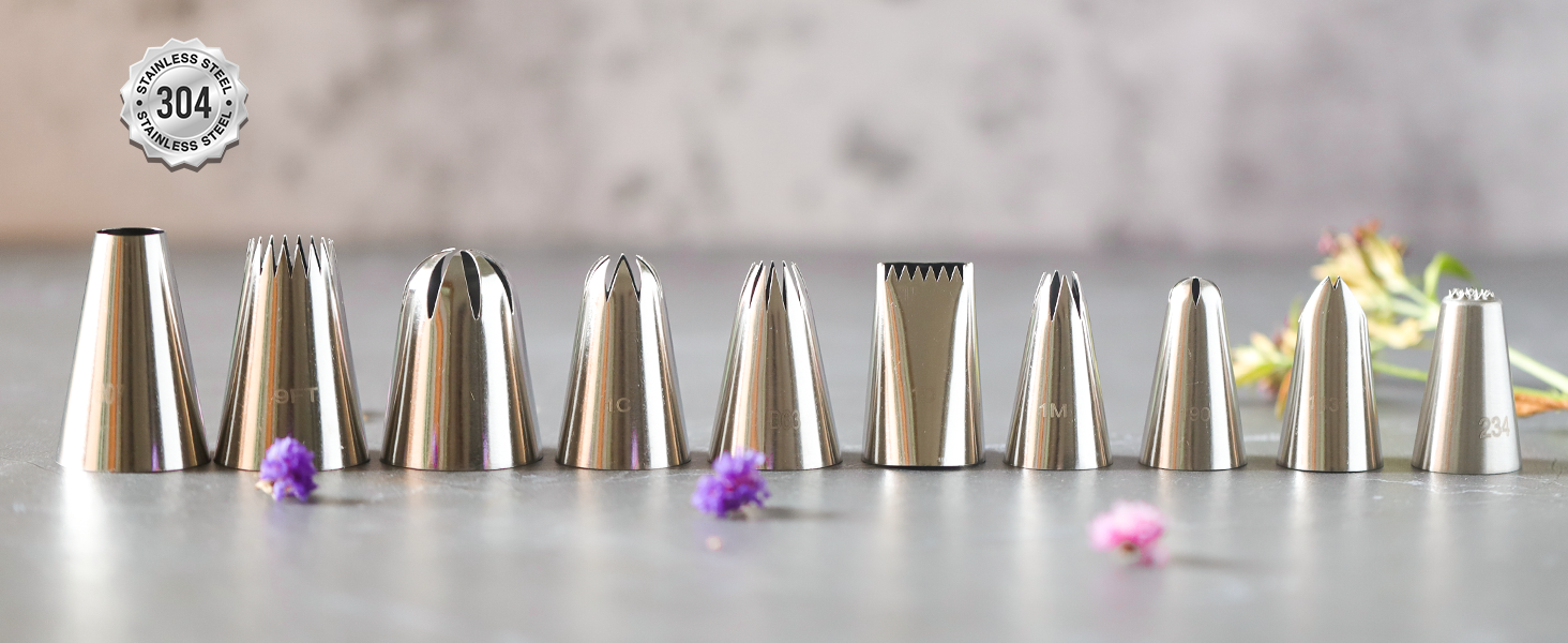 ten pieces large steamless stainless steel icing piping tip nozzles for decorating