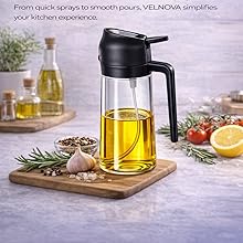 Oil bottle shown spraying oil onto food and pouring oil from the spout in a kitchen setting.