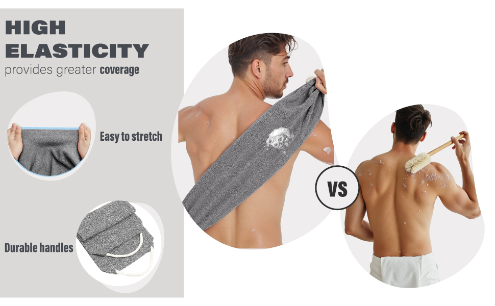 Stretchable exfoliating towel compared with traditional bath brush for back scrubbing