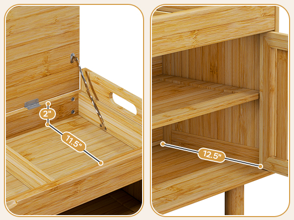 Shoe Storage Bench, Bamboo Entryway Bench with 2 Doors & Padded Seat Cushion