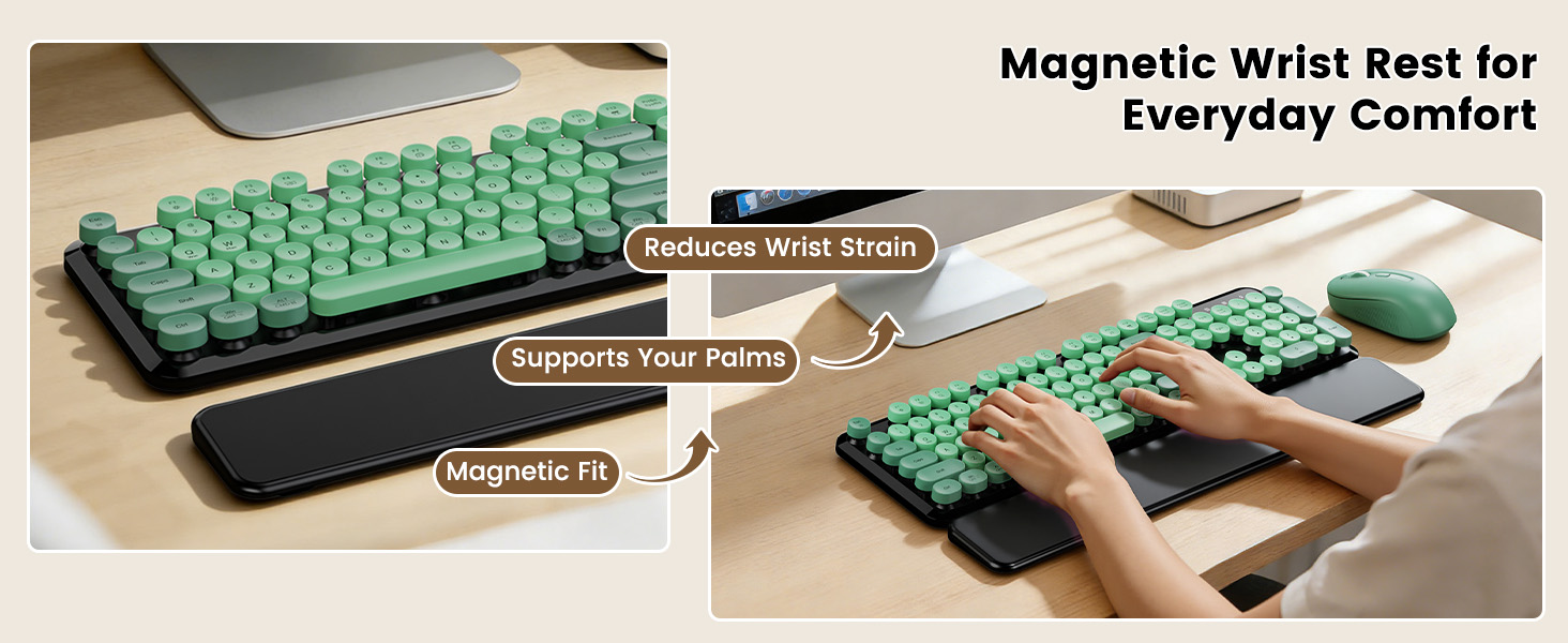 Green Black round-key keyboard and mouse with magnetic wrist rest shown for comfortable typing.