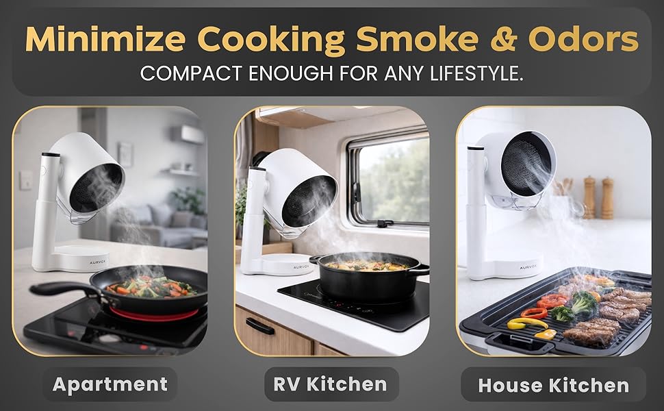 AURVOX portable range hood reducing cooking smoke and odors in apartment, RV, and home kitchens