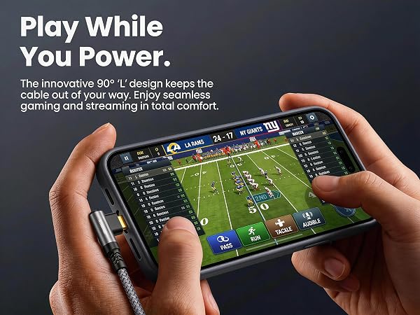 90° L-Shape design, play while charging, case friendly, Type-C connector.