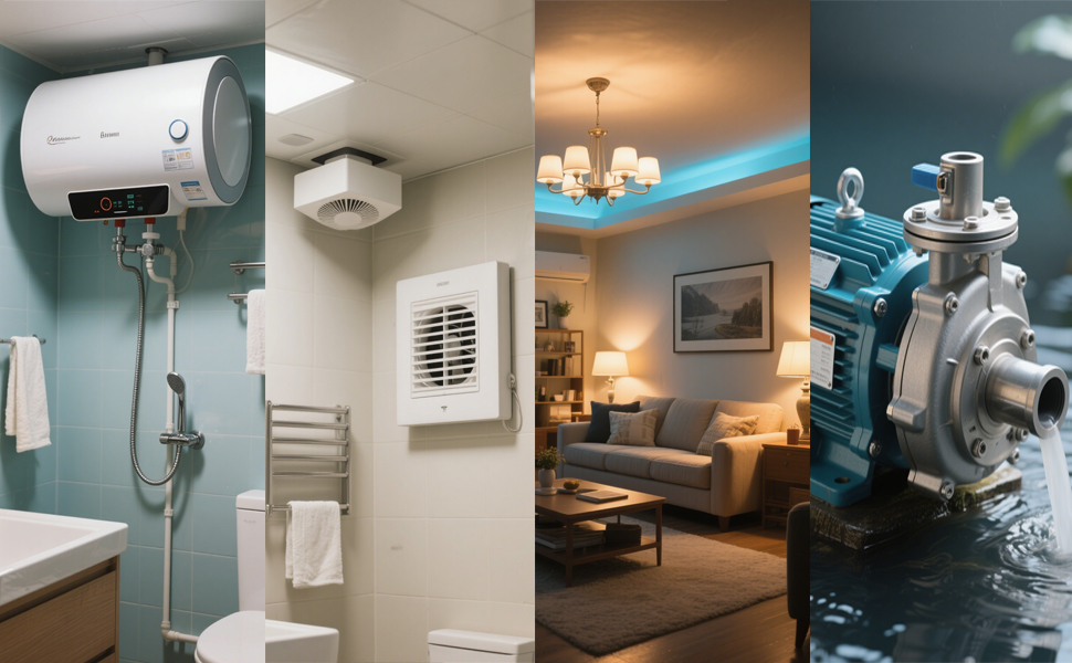 Wifi switch hot water heater, bathroom extractor fans, water pump motor, light, etc.
