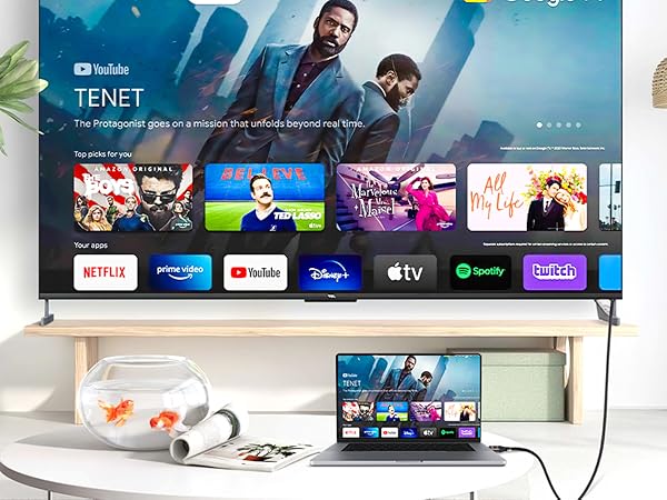 Large smart TV displaying streaming app interface with movie posters and app icons. Below, a laptop shows same interface. On desk: fishbowl with goldfish, white earbuds, and books.