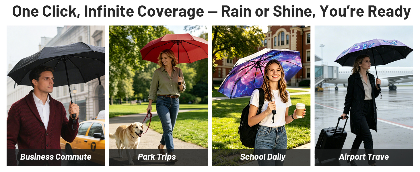 Rain or shine travel umbrella. Showing business commute, school, park and airport scenes.