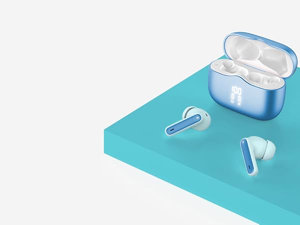 Wireless earbuds with light blue case and white earpieces. Case displays digital time. One earbud outside case on teal surface.
