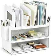 CiWiVOKi White Desk Organizer with 4 File Holder Slots, 2 Clear Drawers & Dual Pen Holders, Sturd...