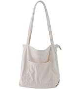 ALUWU Corduroy Tote Bag for Women with Front Pocket and Zipper