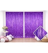 2 Pack Purple Metallic Fringe Curtain Backdrop Streamers 3.2ft x 6.4ft. Party Decoration for Birt...