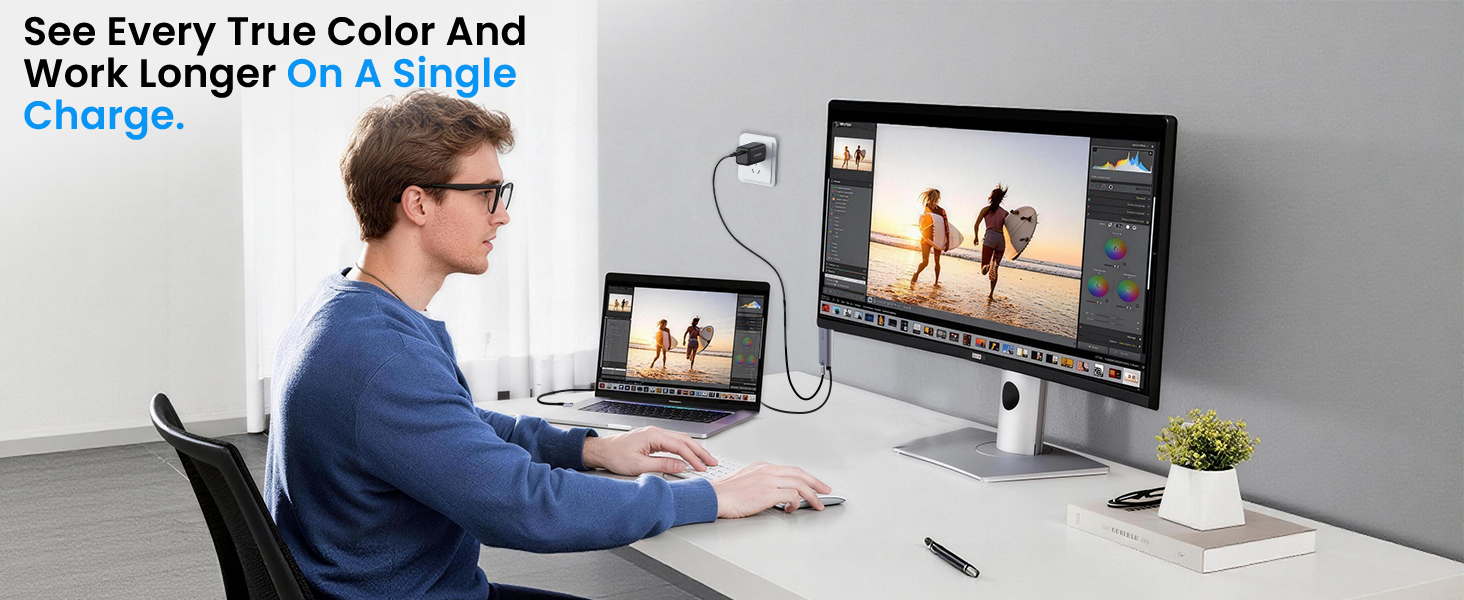 A video editor uses a SOLLPEL 8K USB-C to HDMI cable for Macbook Pro on a large screen with power