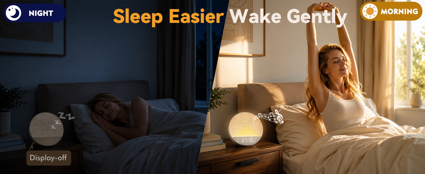 Sun rise alarm clock with display-off mode for a dark room at night and gentle morning wake up.
