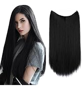 SARLA Invisible Wire Hair Extensions Black Straight Long Synthetic Hairpieces for Women 22 Inch A...