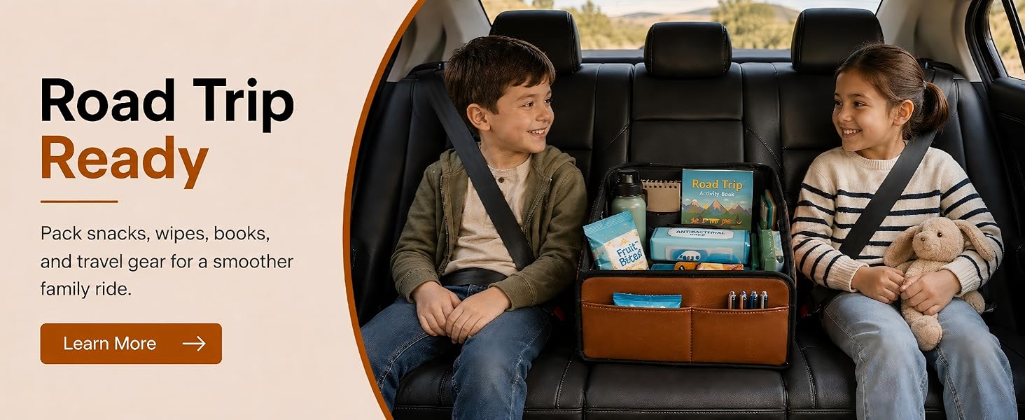 Car seat organizer for road trip snacks, drinks, tissues, toys, and family backseat storage.