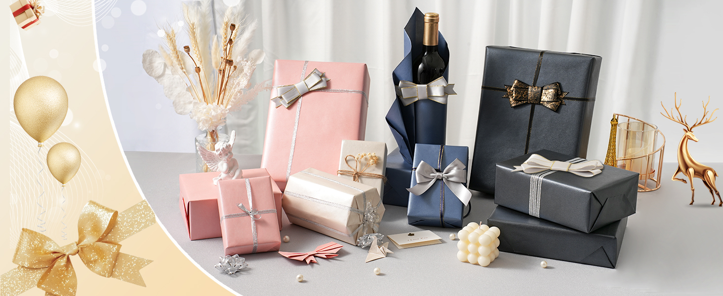 a table topped with wrapped gift boxes and a bottle of wine.