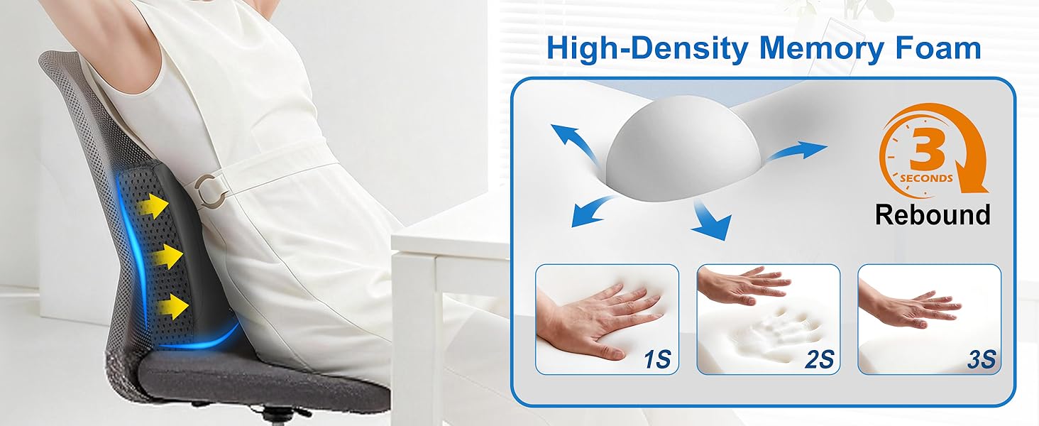 High-density memory foam back cushion for office chair rebounds fast for responsive, lasting support
