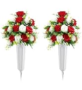 U'Artlines 2Pcs Artificial Cemetery Flowers with Vase for Grave, Silk Memorial Day Rose Flowers B...
