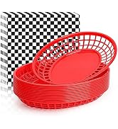 EUSOAR Plastic Food Baskets with Paper Liners, Extra Large 12pcs 11.8"x8.9" Red Food Serving Bask...