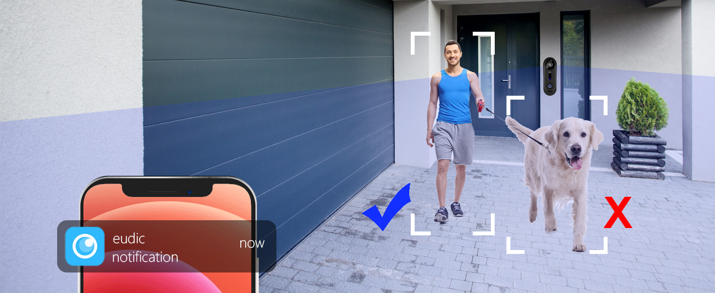 Smartphone app interface showing motion detection and recognition capabilities, with detection indicators overlaid on an outdoor walkway scene.