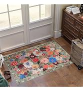 Floral Rug for Entryway, Green 2X3 Washable Kitchen Mat Ultra-Thin Soft, Non-Slip Indoor Door Car...