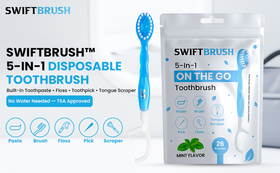 SwiftBrush 5-in-1 travel toothbrush with pre-pasted mint toothpaste and floss