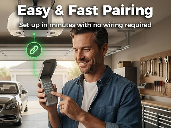 Easy to program wireless garage door keypad Simple step-by-step programming Fast pair process sync