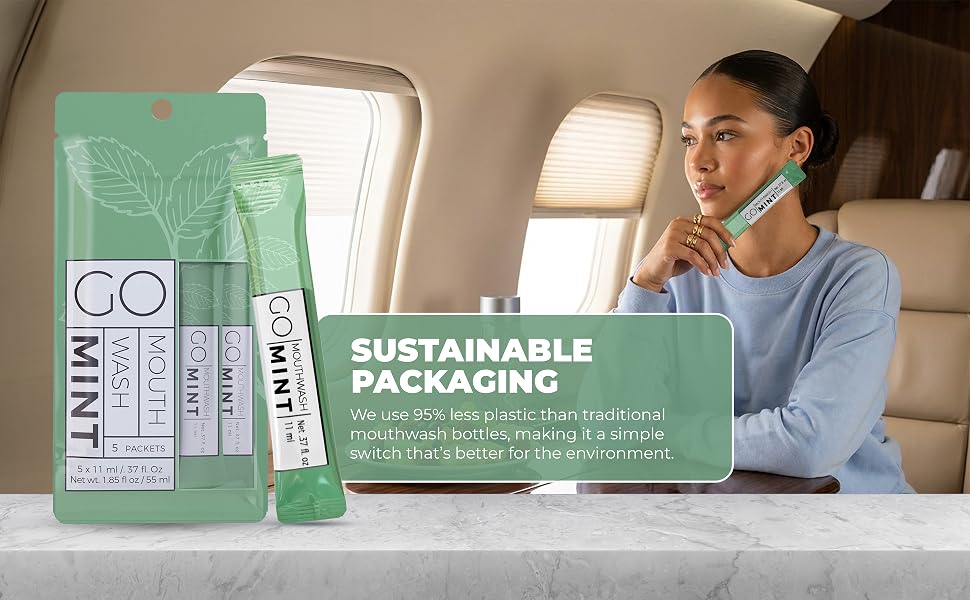 Mouthwash packaging that is 95% less plastic thatn traditional mouthwash bottles.