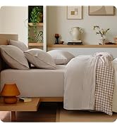 Bedsure 100% Washed Cotton Sheets - Linen Like Textured Percale Sheets Queen Size, 6-Piece Bedshe...