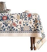 patdrea Designer Blue Tablecloth for Rectangle Tables,Vintage Linen with Leaves and Flowers Patte...