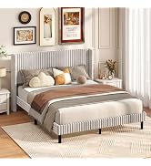 Giantex Queen Velvet Bed Frame, Upholstered Platform Bed with Vertical Tufted Wingback Headboard,...