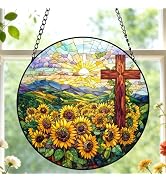 Cross and Sunflowers Stained Glass Sun Catcher,Christian Suncatchers Window Hanging Flower Cross ...