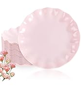 LIYH 20 Pcs 10 Inch Pink Scalloped Plastic Plates Reusable - Unbreakable Plastic Plates for Weddi...