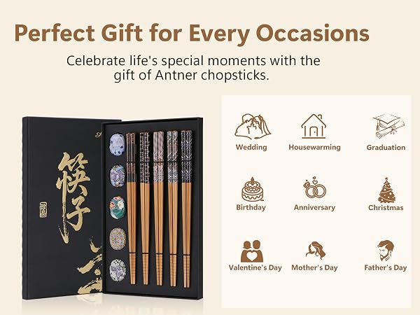 Reusable Bamboo Chopsticks Set with Ceramic Chopstick Rests