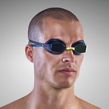 Image of person wearing swim goggles with text reading comfortable close fit.