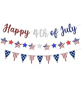 Happy 4th of July Patriotic Banner Garland, Pre-Strung Cardboard Stars and Pennants, Red White Bl...